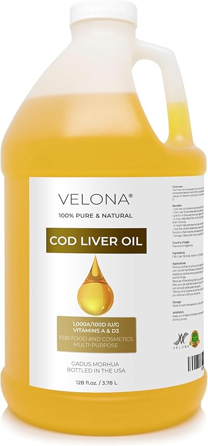velona Cod Liver Oil - 1 Gallon / 128 Fl Oz | 1,000A/100D IU/g Omega 3 Vitamins A & D3 | Norwegian Arctic Sustainably Sourced Nordic Oil | Hair, Body and Skin Care | Use Today - Enjoy Results