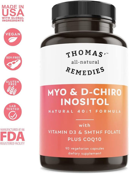 Thomas' all-natural Remedies Myo Inositol Supplement & D-Chiro Inositol Blend Supplement with Folate and Vitamin D3, 40 to 1 Ratio, Non-GMO, No Fillers, CoQ10, 90 Vegan Capsules