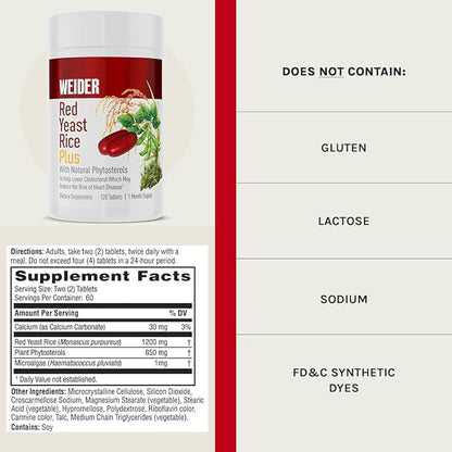 Weider Red Yeast Rice Plus 1200mg, with 850mg of Natural Phytosterols, Gluten Free, One Month Supply