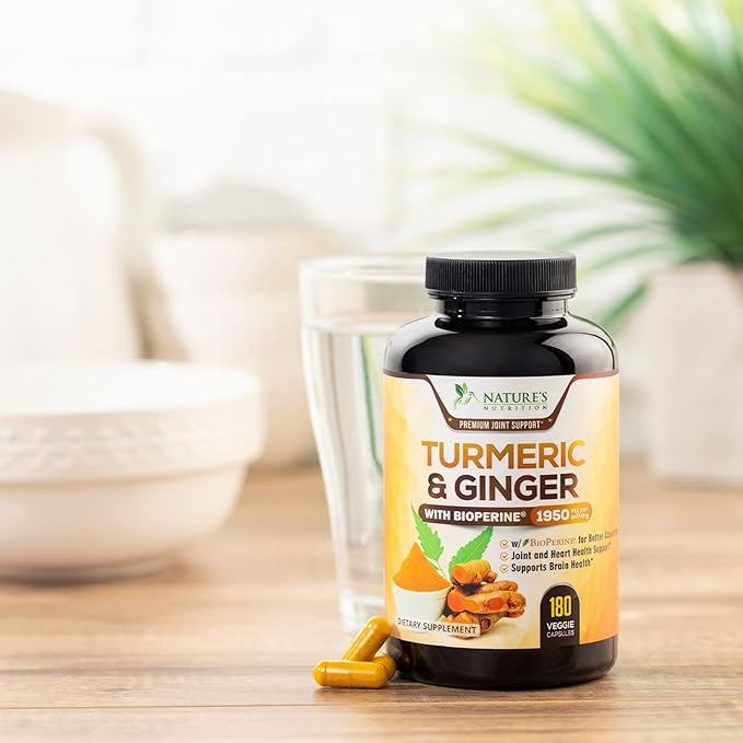 Turmeric Curcumin Supplement 1950mg with Organic Turmeric & Ginger, 95% Curcuminoids, BioPerine Black Pepper for Best Absorption, Nature's Vegan Joint Support, Non-GMO, Bottled in USA - 180 Capsules