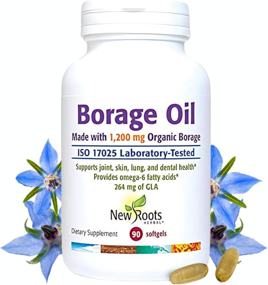New Roots | Organic Borage Oil Supplement (1200 mg) GLA Supplement (264mg) with 444 mg of Linoleic Acid | Borage Seed Oil (90 softgels)