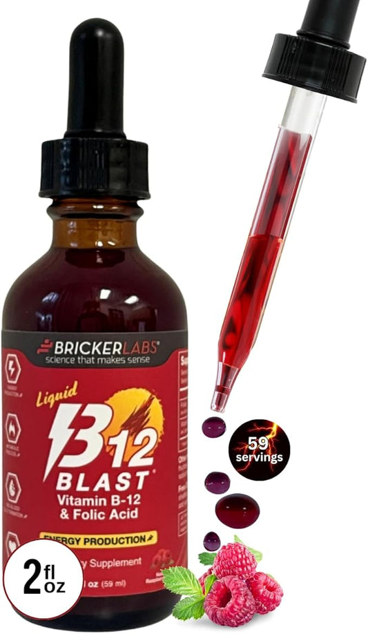 B-12 Blast Liquid Vitamin B12 and Folic Acid Supplement, Support Energy Production, Great Tasting Liquid Vitamin B12 Dietary Supplement in Natural Raspberry Flavor, 2 fl oz Bottle