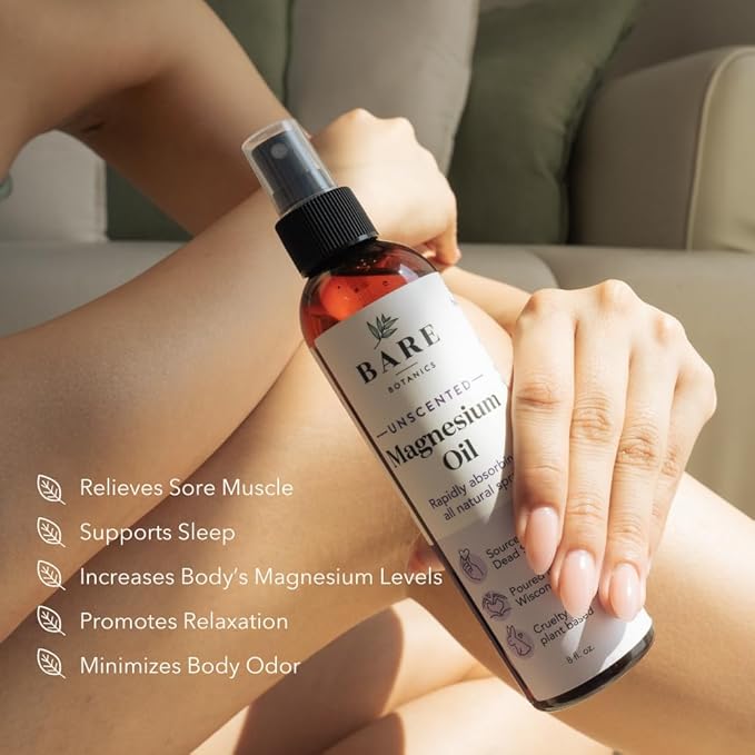 Bare Botanics Unscented 16oz Pure Magnesium Oil Spray from The Dead Sea | Rapidly Absorbing | Handpoured in Madison, WI | Supports Sleep & Soothes Sore Muscles