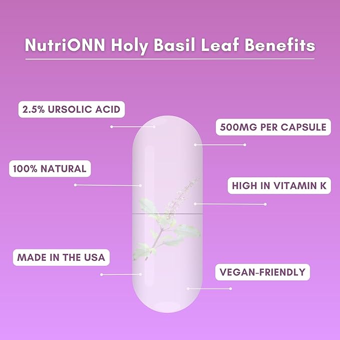 Holy Basil Leaf Capsules - 500mg - 2.5% Ursolic Acid - 120 Vegan Capsules - Real Tulsi Extract Supplement - Positive Mindset - Adaptogenic & Ayurvedic Herb