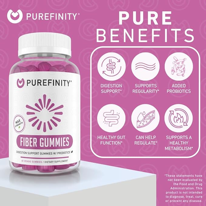 Fiber Gummies for Adults with Inulin FOS from Chicory Root, Sugar Free Prebiotic Supplement for Daily Digestion & Constipation Support – Non-GMO, Vegan, 60 Count