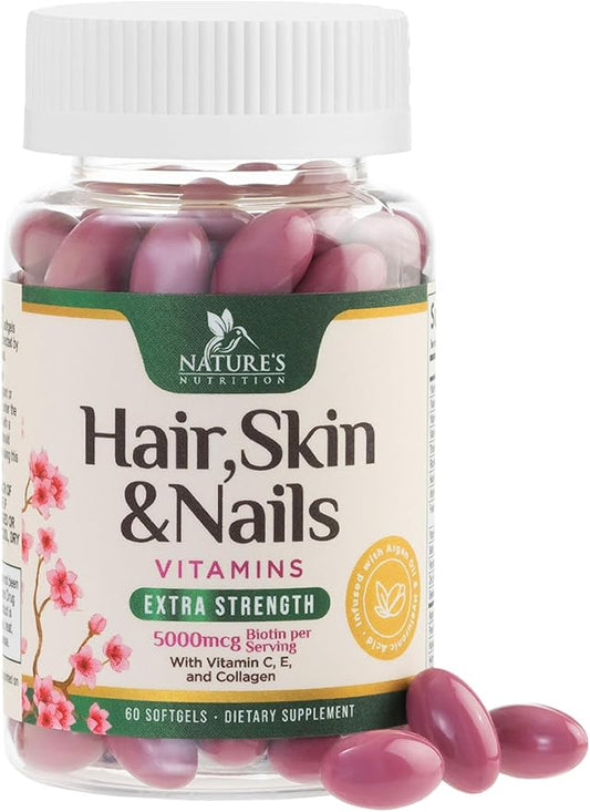 Hair Vitamins Women, Ultra Strength 5000mcg Biotin, Collagen, PABA & More - Womens Hair Growth, Skin, Nails & Keratin Support Supplement, Infused w/ Argan Oil & Hyaluronic Acid, Non-GMO - 60 Softgels