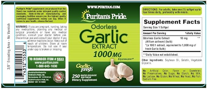 Puritan's Pride Premium Odorless Garlic Fresh 10 mg (1000mg Equivalent), Traditional Herb Dietary Supplement for Heart and Circulation Support with Antioxidant Properties, 250 Rapid Release Softgels