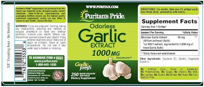 Puritan's Pride Premium Odorless Garlic Fresh 10 mg (1000mg Equivalent), Traditional Herb Dietary Supplement for Heart and Circulation Support with Antioxidant Properties, 250 Rapid Release Softgels