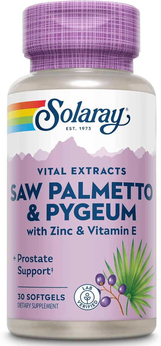 SOLARAY Saw Palmetto and Pygeum - Saw Palmetto for Men w/Pygeum Bark, Zinc, Vitamin E, Pumpkin Seed Oil - Prostate Supplements for Men w/Beta Sitosterol - 60-Day Guarantee - 30 Servings, 30 Softgels