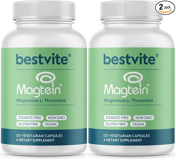 BESTVITE Magtein Magnesium L-Threonate Capsules - 2000mg per Serving (240 Vegetarian Capsules) (120 x 2)- Patented and Bioavailable Magnesium - No Stearates - Vegan - Non GMO - Gluten Free