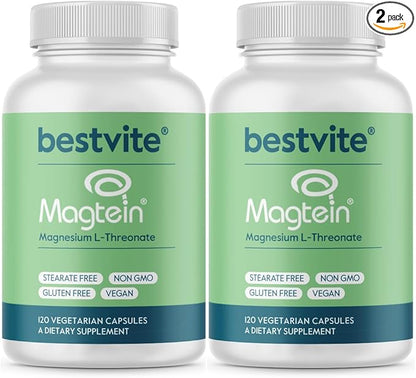 BESTVITE Magtein Magnesium L-Threonate Capsules - 2000mg per Serving (240 Vegetarian Capsules) (120 x 2)- Patented and Bioavailable Magnesium - No Stearates - Vegan - Non GMO - Gluten Free