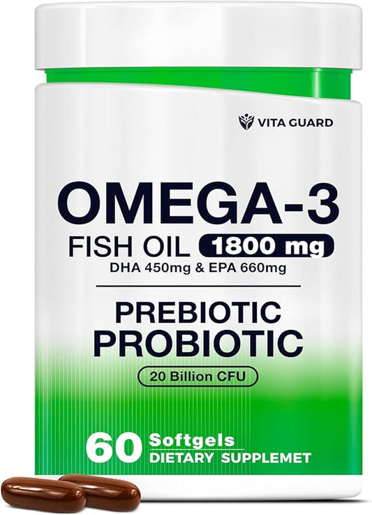 Omega-3 Fish Oil with Prebiotics & Probiotics – 1800mg EPA & DHA Supplement for Heart, Brain, and Gut Health – 20 Billion CFU, Inulin Fiber, Burpless Lemon-Flavored Softgels
