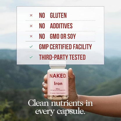 Naked Iron 65mg, 325mg Ferrous Bisglycinate - High Potency Iron Supplement for Iron Deficiency, Cellular Energy Support, Promotes Healthy Red Blood Cell Production, Non-GMO, Gluten-Free, 60 Capsules