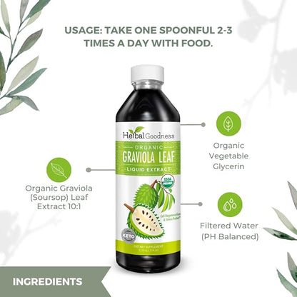 Herbal Goodness Soursop Graviola Leaf Extract 15X Strength – Organic Soursop Bitters Liquid Drop for Cell Support, Regeneration, Relax, Immune Boost, Stress Relief, Liver & Sleep Support, 12oz