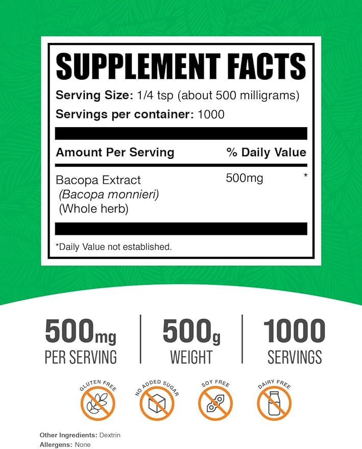 BulkSupplements.com Bacopa Extract Powder - Bacopa Monnieri Supplement, Herbal Supplement - Vegan & Gluten Free, 500mg per Serving, 500g (1.1 lbs) (Pack of 1)