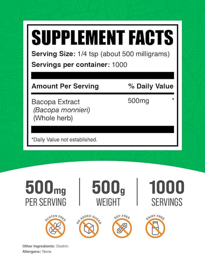 BulkSupplements.com Bacopa Extract Powder - Bacopa Monnieri Supplement, Herbal Supplement - Vegan & Gluten Free, 500mg per Serving, 500g (1.1 lbs) (Pack of 1)