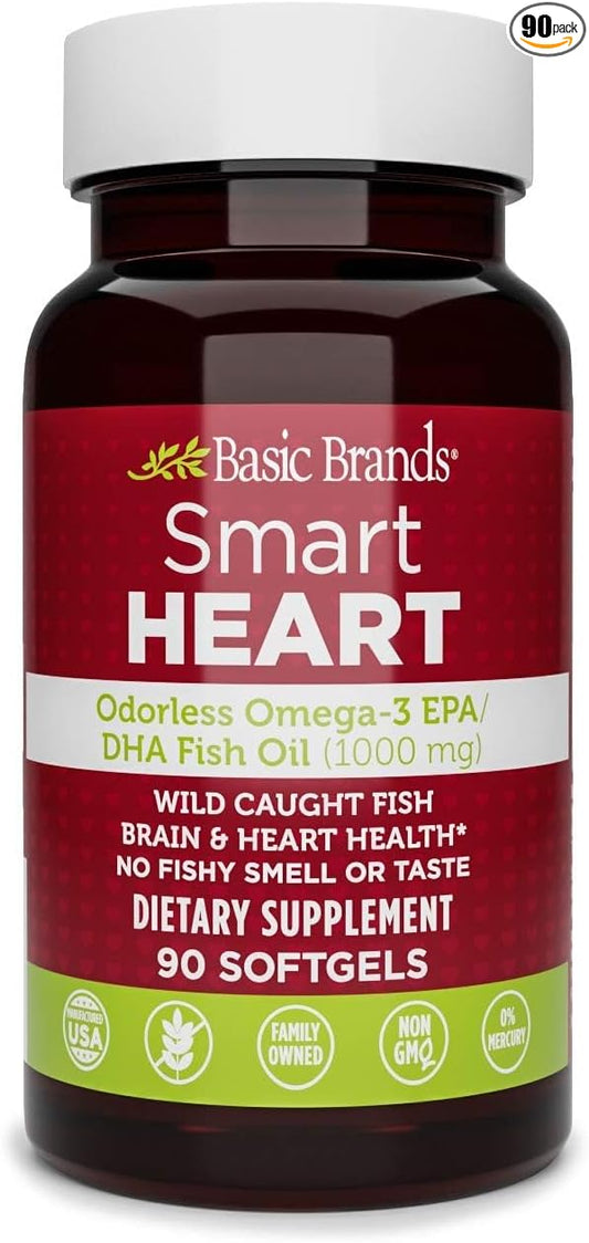Smart Heart Odorless Omega-3 Fish Oil, Burp-Less, No Fishy Smell, 1000 mg, 90 Count