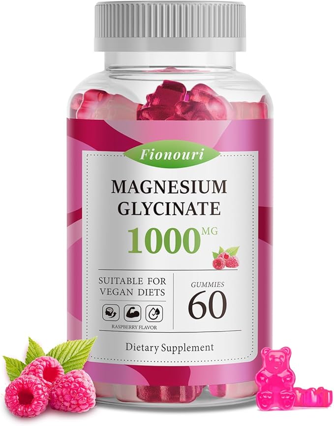 Magnesium Glycinate Gummies 1000mg - for Adults Magnesium Potassium Supplement with Vitamin D, B6, CoQ10 for Calm Mood & Sleep Support - 60 Raspberry Gummies -1 Pack