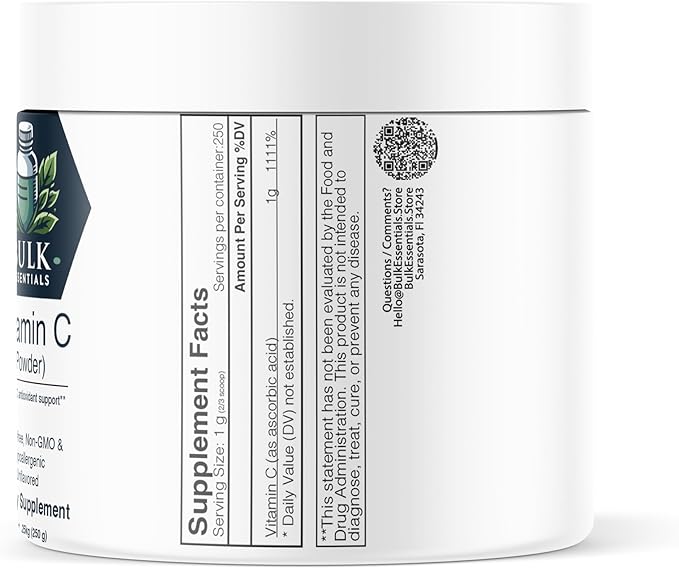 Pure Vitamin C Powder – 250g Supplement for Immune & Antioxidant Support – USA Made, Non-GMO & Gluten Free – 1g Ascorbic Acid Powder Per Serving