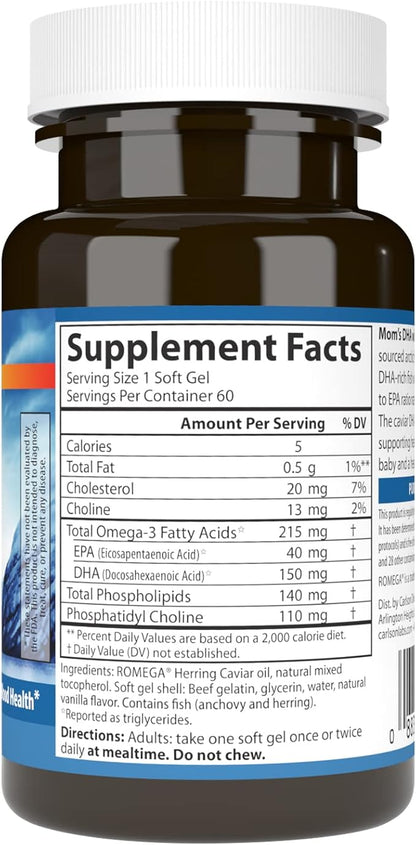 Carlson - Mom's DHA with Choline, 3:1 DHA to EPA Ratio Found in Breastmilk, Growth and Development, 60 Softgels