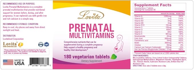 Lovita Prenatal Multivitamins - Comprehensive Nutrient Support for Before, During, and Post-Pregnancy - 180 Vegetarian Tablets