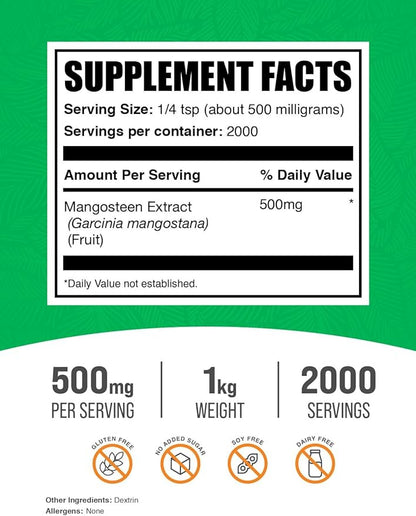 BulkSupplements.com Mangosteen Extract Powder - Superfood Supplement, from Mangosteen Fruit, Mangosteen Powder - Gluten Free, 500mg per Serving, 1kg (2.2 lbs) (Pack of 1)