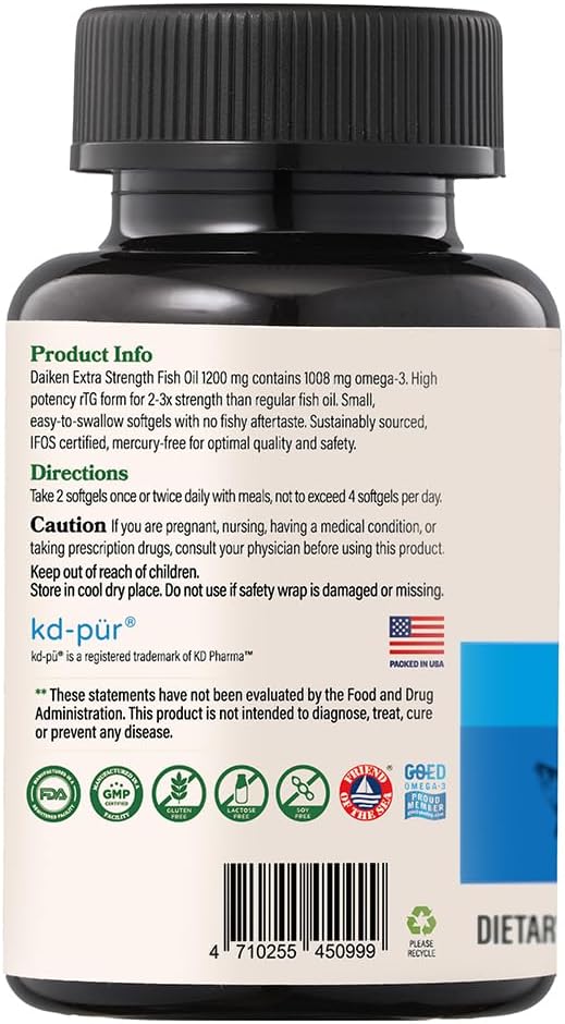 DAIKEN Mini Fish Oil 1200 mg, rTG Omega 3 1000mg, 60 Softgels, High Absorption & Burpless Fish Oil for Healthy Heart, Brain and Dry Eyes Support