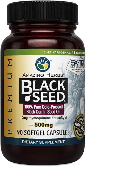 Amazing Herbs Premium Black Seed Oil Capsules - Cold Pressed Nigella Sativa Aids in Digestive Health, Immune Support, Brain Function, Gluten Free, Non GMO - 90 Count, 500mg
