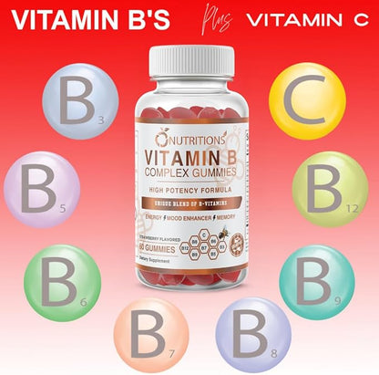 O NUTRITIONS Vitamin B Complex Vegan Gummies with Vitamin B12, B7 as Biotin, B6, B3 as Niacin, B5, B6, B8, B9 as Folate for Stress, Energy and Healthy Immune System (1 Pack -Sugar Free)