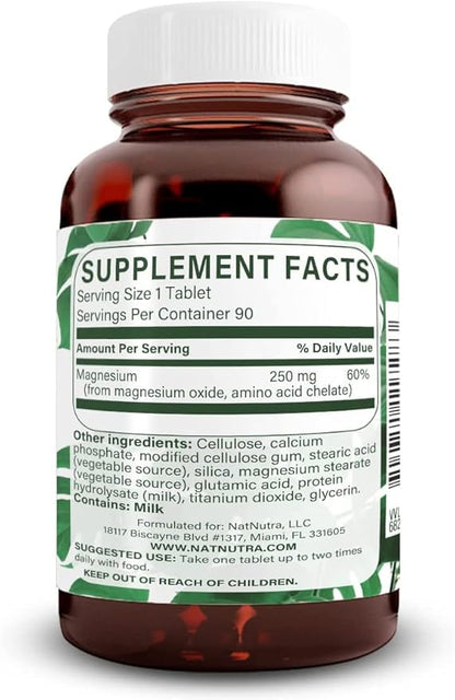 Natural Nutra Chelated Magnesium Oxide 250 mg - High Absorption for Strong Bones, Heart Health, Energy Boost, Gluten-Free, Non-GMO, 90 Tablets (3 Pack) in BPA-Free Recyclable Glass Bottles