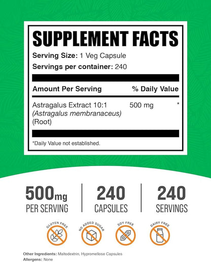 BulkSupplements.com Astragalus Capsules - from Astragalus Root, Astragalus Supplement - Vegan, 1 Capsule per Serving, 240 Veg Capsules (Pack of 1)