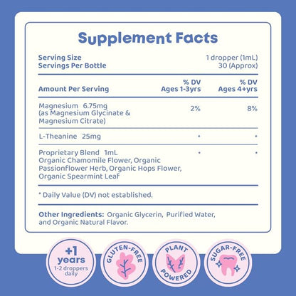 JoySpring Magnesium Citrate & Glycinate Liquid for Kids - Sugar Gluten Free Magnesium for Kids & Teens | L-Theanine & Chamomile Liquid Blend Supplement (1 fl oz) 30 Servings