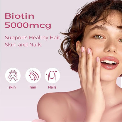 Extra Strength Biotin 5000 MCG, 60 Capsules for Hair, Skin, Nail & Bone Health, Non-GMO & Gluten-Free, High-Potency Biotin Supplement (2-Month Supply)