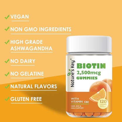 Nature's Key Biotin Gummies with Vitamin C and E, Support Hair Nails Growth & Beautiful Skin for Women Men and Kids, Vegan, Orange Flavors, 120 Count
