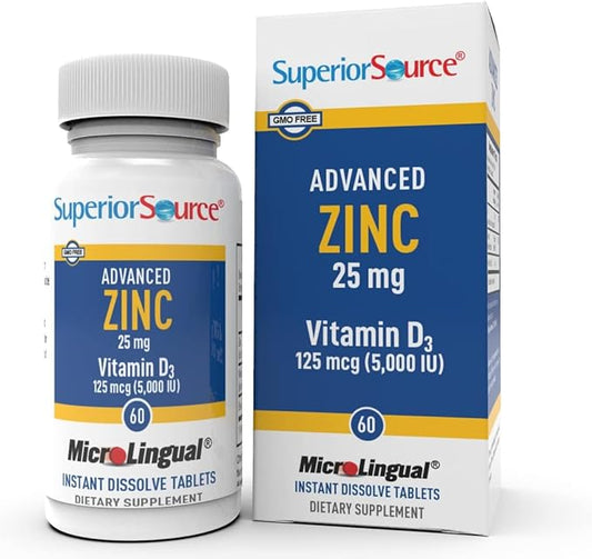 Superior Source Advanced Zinc 25 mg - Includes Vitamin D3 5,000 IU - Premium Immune Support Supplement for Men & Women - Non-GMO & Gluten-Free - 60 MicroLingual Dissolvable Tablets