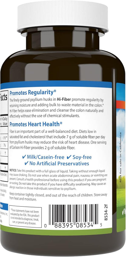 Carlson - Hi-Fiber, 3 g, Psyllium Husk Capsules, Regularity, Colon Health & Heart Function, 100 Capsules