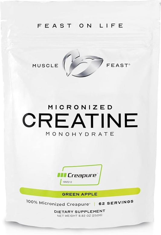 Muscle Feast Creapure Micro - Micronized Creatine Monohydrate Powder | Premium Pre-Workout or Post-Workout | Easy to Mix, Gluten-Free, Safe and Pure (Green Apple, 250g)