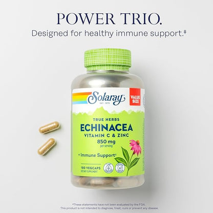 SOLARAY Echinacea Vitamin C & Zinc 850mg Plus Bioflavonoids, Echinacea Capsules for Healthy Immune Support, Vegan, Lab Verified, 60-Day Money-Back Guarantee, 90 Servings, 180 VegCaps