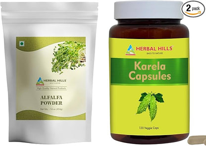 HERBAL HILLS Alfalfa Leaf Powder and Karela Capsule Pack of 2 Combo