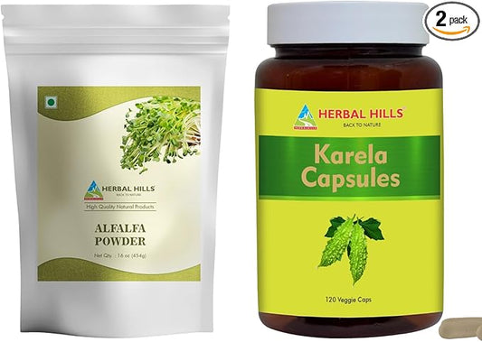 HERBAL HILLS Alfalfa Leaf Powder and Karela Capsule Pack of 2 Combo