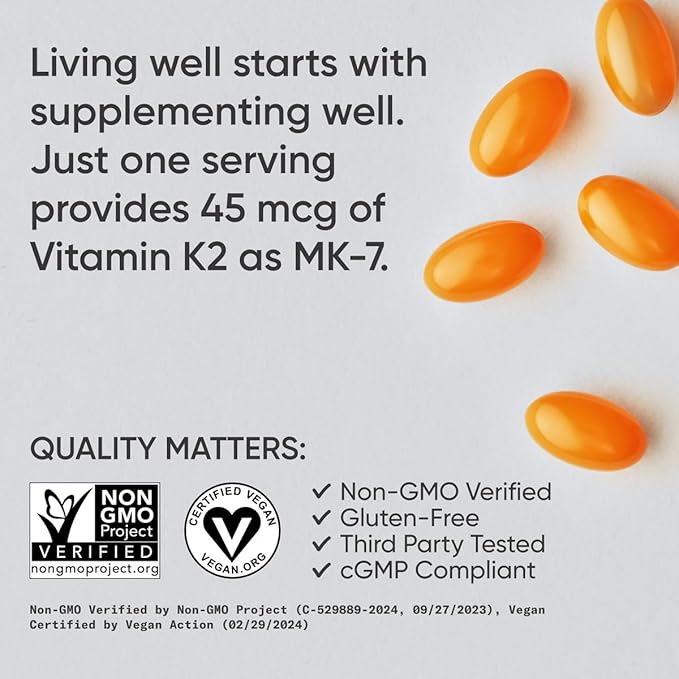 Sports Research Low Dosage Vitamin K2 as MK-7 45mcg with Coconut MCT Oil - Vegan Certified, Non-GMO Verified & Gluten-Free - 90 Softgels