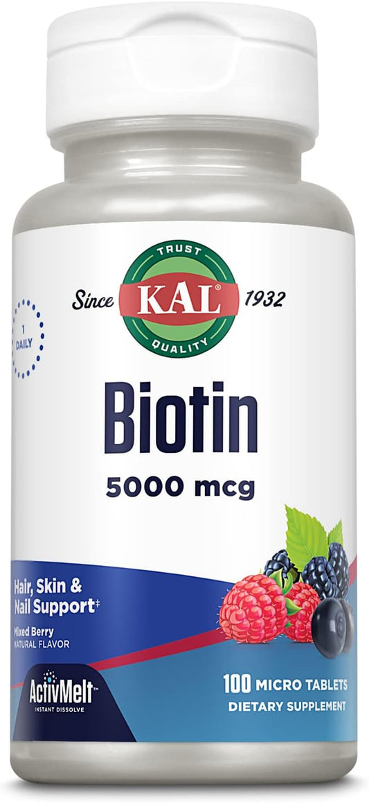 KAL 5000 Mcg Biotin Tablets, Mixed Berry, 100 Count