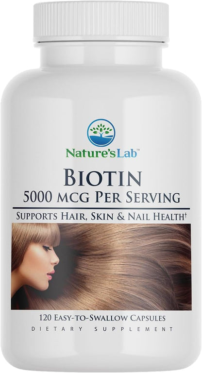 Nature's Lab Biotin 5000 mcg - Promotes Healthy Hair, Skin & Nails - 120 Capsules (4 Month Supply)