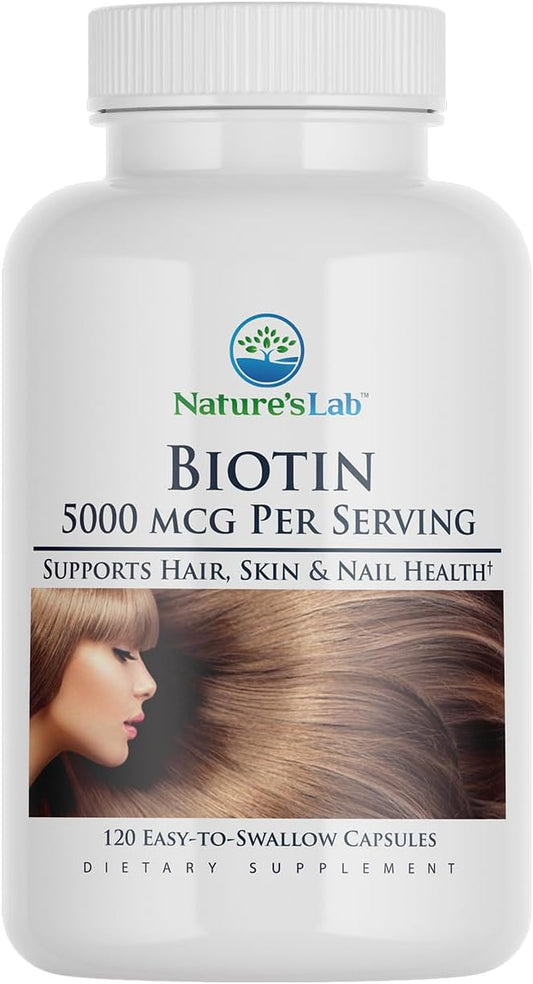 Nature's Lab Biotin 5000 mcg - Promotes Healthy Hair, Skin & Nails - 120 Capsules (4 Month Supply)