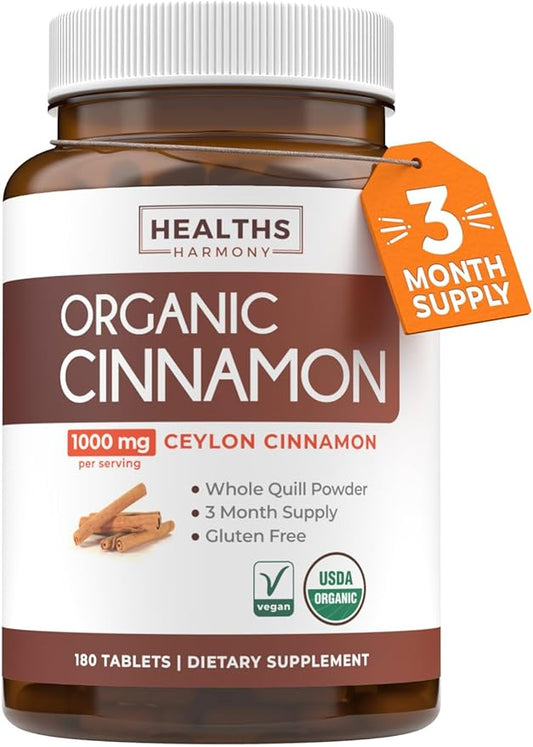 USDA Organic Ceylon Cinnamon (180 Tablets) 1000mg Cinnamon Quill Powder per Serving - Natural Cinnamon Supplements for Effective Metabolism, Cognative, Joint, Immune Support - (No Capsules or Pills)