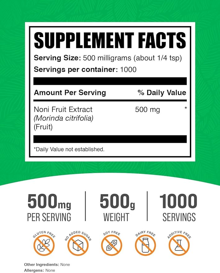 BulkSupplements.com Noni Fruit Extract Powder - Noni Fruit Supplement, Noni Fruit 500mg - Superfood Powder, Gluten Free, 500mg per Serving, 500g (1.1 lbs) (Pack of 1)
