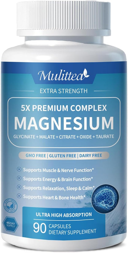 Magnesium Complex Chelated Magnesium Glycinate w/Malate, Taurate& Herbal Extracts for Support Sleep, Muscle,Cortisol & Heart Health, Gluten Free, Vegan, Non GMO, High Absorption, 90 Capsules
