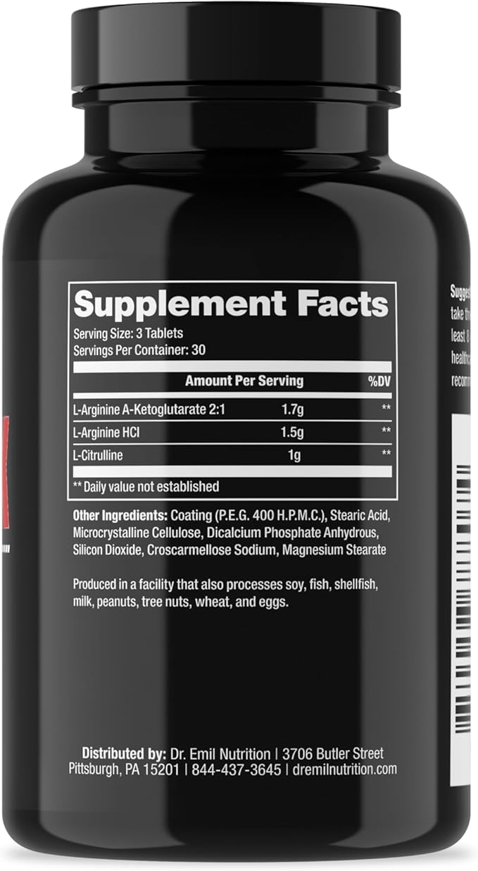 Dr. Emil - Elite L Arginine (3150mg) + L-Citrulline Highest Dose - Nitric Oxide Supplement for Vascularity, Endurance and Heart Health (AAKG and HCL) - 90 Tablets
