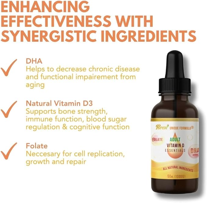 Unique Formula® Adults Health Essentials Drops - Liquid Natural Vitamin D3 Supplement, DHA Omega 3, Folate, Supports Heart, Brain, Eyes & Joint Health Supplement for The Whole Family