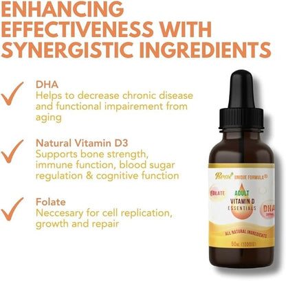 Unique Formula® Adults Health Essentials Drops - Liquid Natural Vitamin D3 Supplement, DHA Omega 3, Folate, Supports Heart, Brain, Eyes & Joint Health Supplement for The Whole Family